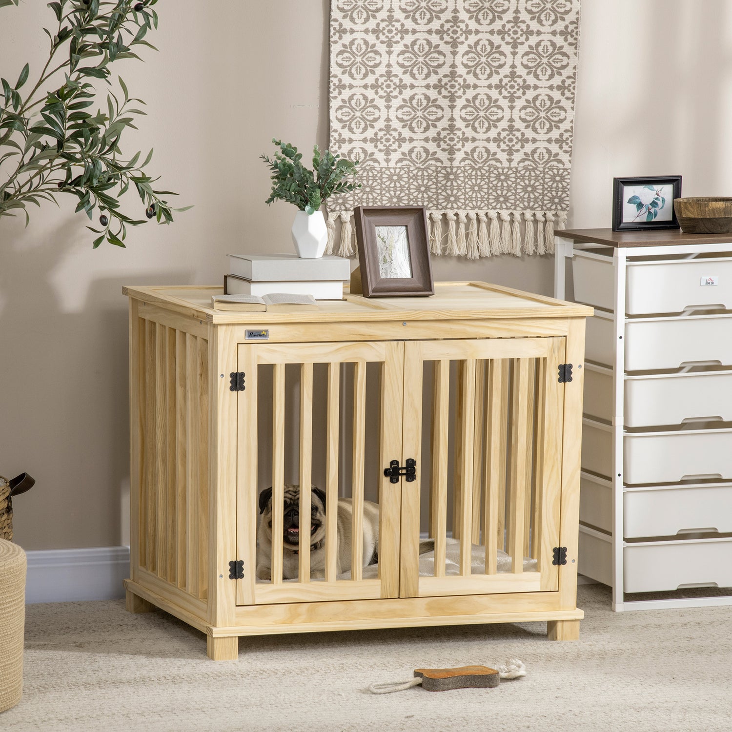 PawHut Stylish Wooden Dog Crate with Double Doors and Comfortable Cushion for Medium Dogs - Natural Wood Finish - ALL4U RETAILER LTD