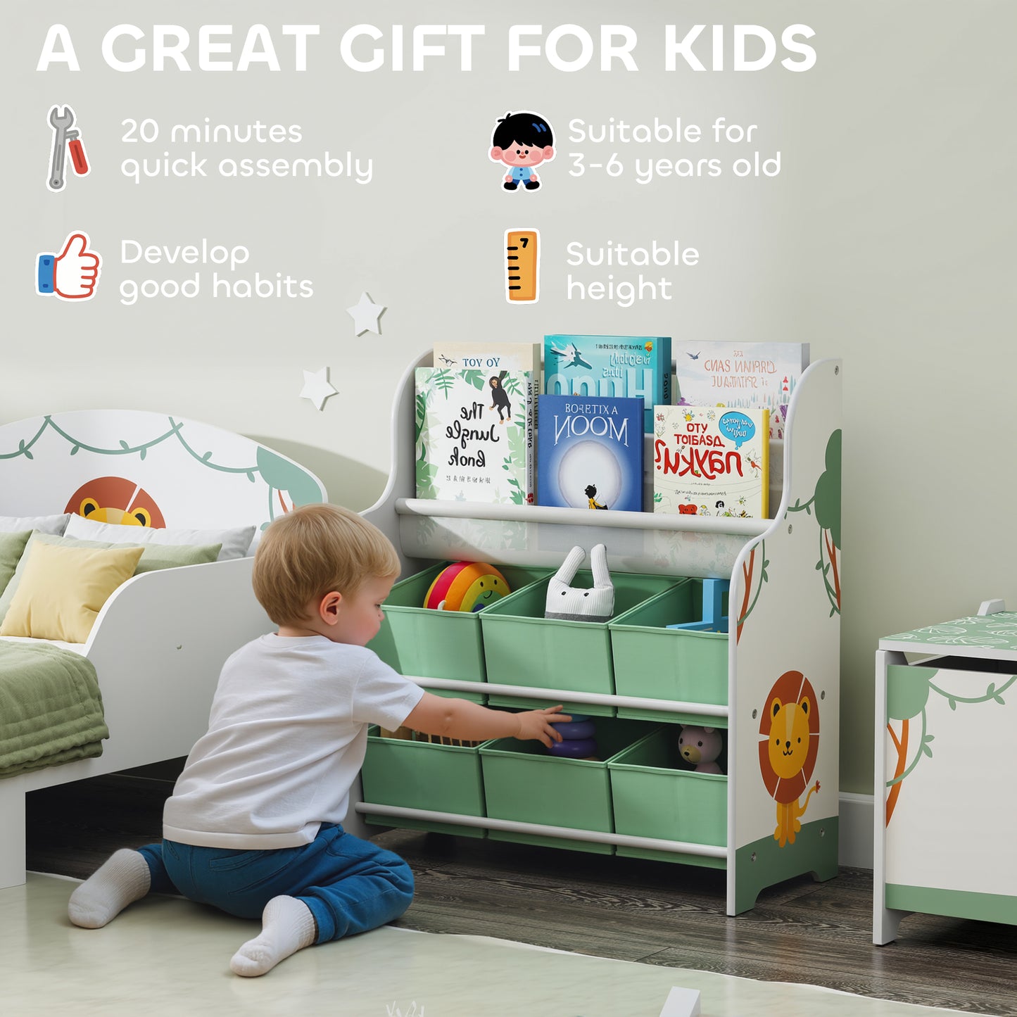 AIYAPLAY Kids Toy Storage Unit With 6 Fabric Drawers And 2 Tier Sling Book Rack For Bedroom Playroom Nursery Green