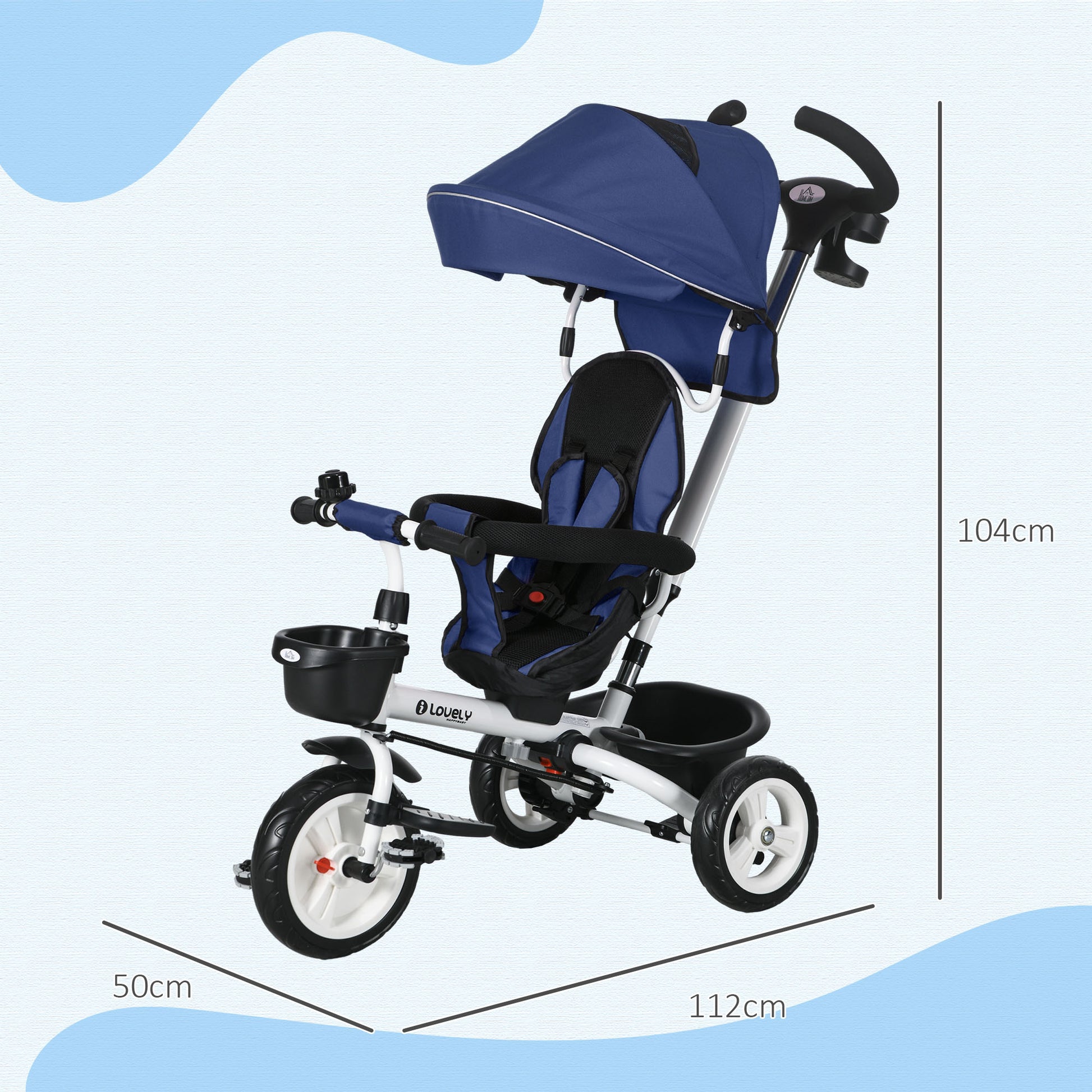 HOMCOM 4-in-1 Convertible Toddler Tricycle with Parent Handle for Ages 1-5, Dark Blue - ALL4U RETAILER LTD