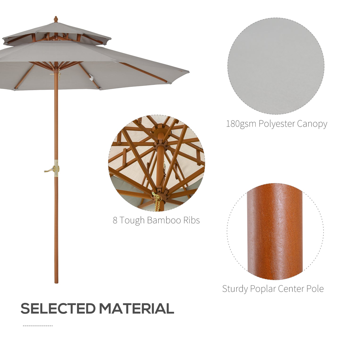 Outsunny 2.7m Elegant Wooden Frame Parasol Umbrella For Garden Table With Poplar Wood And Bamboo Ribs Grey