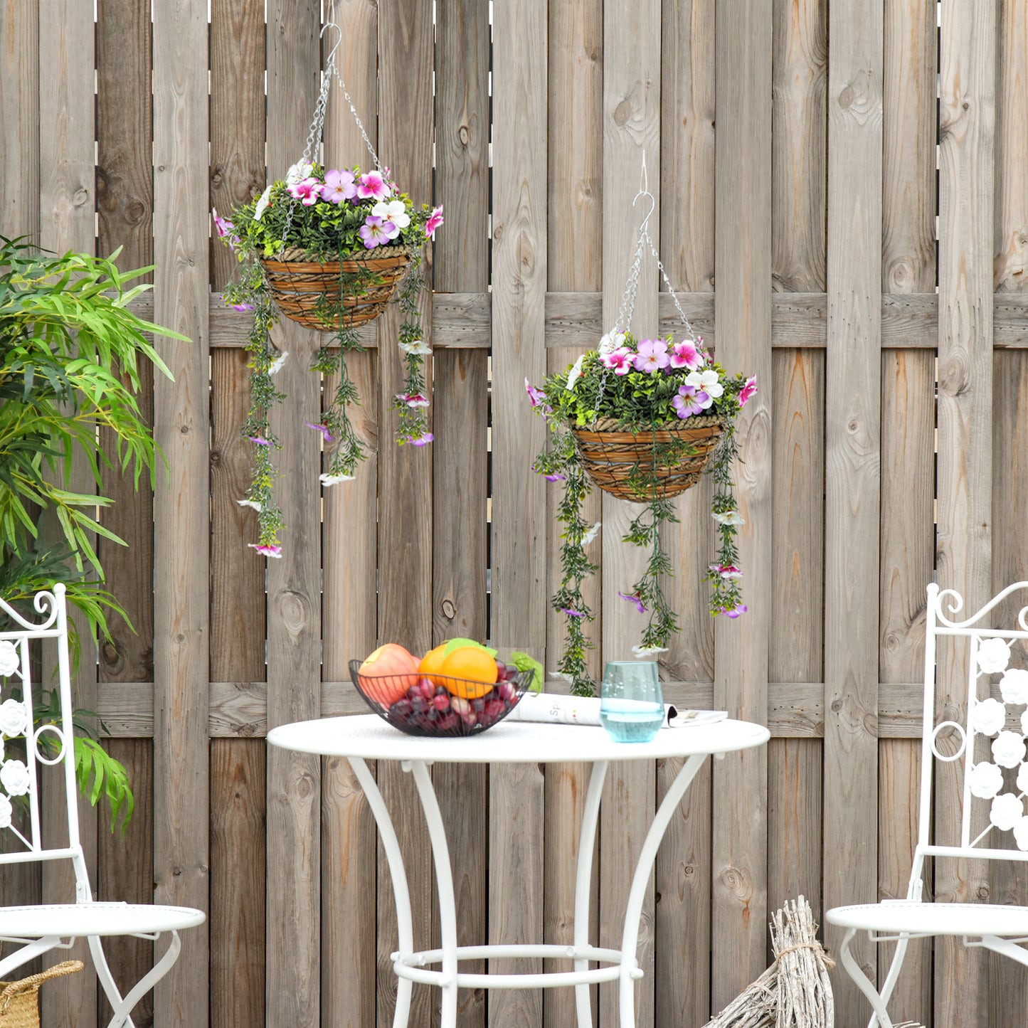 HOMCOM Set Of 2 Artificial Silk Azalea Flowers In Hanging Planters With Baskets Pink And White Decor For Indoor Outdoor