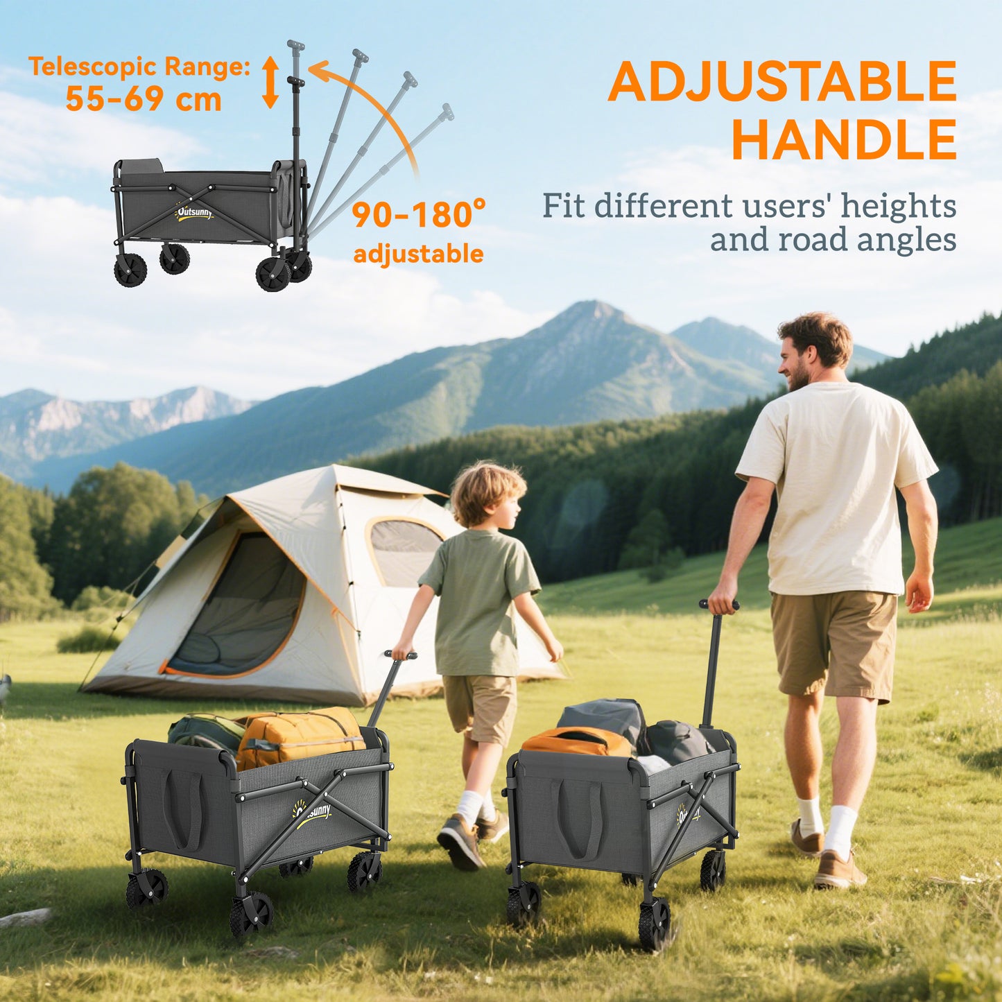 Outsunny 41L Trolley On Wheels, 60kg Heavy Duty Collapsible Folding Wagon With Adjustable Handle And Carry Bag Grey