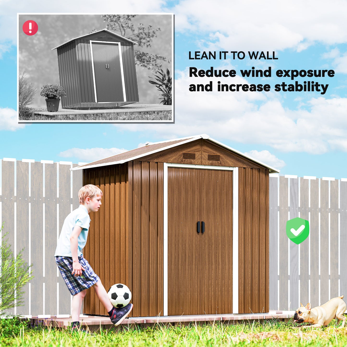 Outsunny Metal Garden Storage Shed Brown Wood Effect 6.5 x 3.5 Feet With Double Sliding Doors