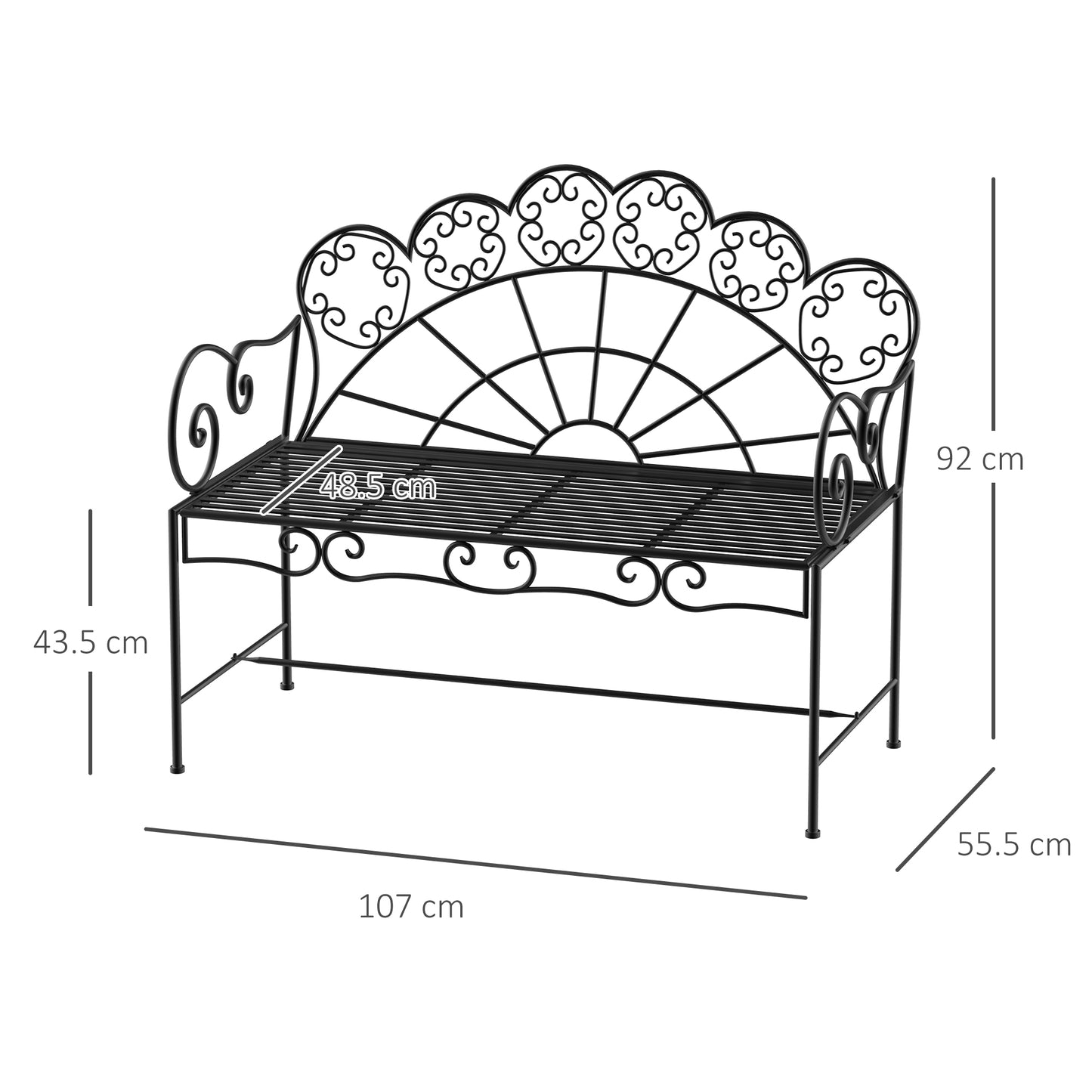 Outsunny Metal Garden Bench Loveseat With Slatted Seat Black Outdoor Patio Furniture Durable Weatherproof