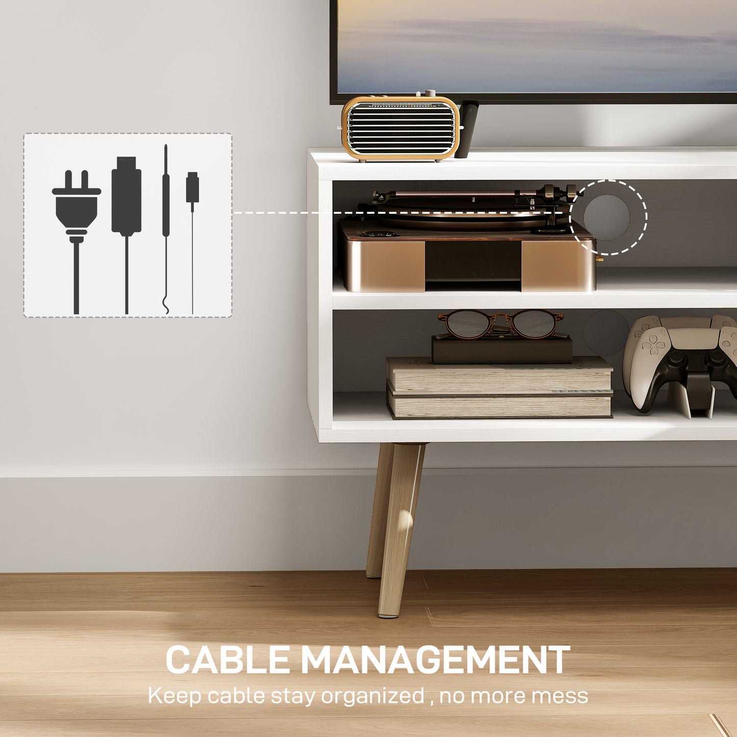 HOMCOM TV Stand Up To 55 Inches White Media Console With Open Shelves And Cable Holes