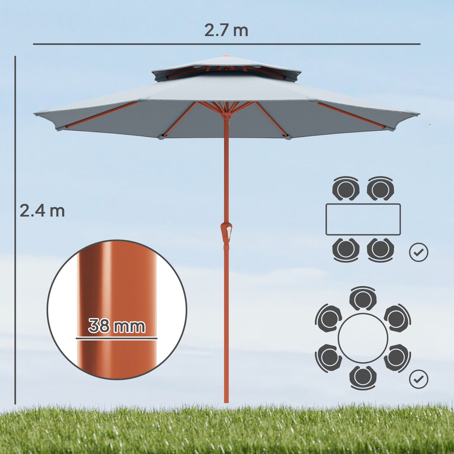 Outsunny 2.7m Garden Parasol With Double Top Canopy Outdoor Market Table Umbrella Crank System Light Grey