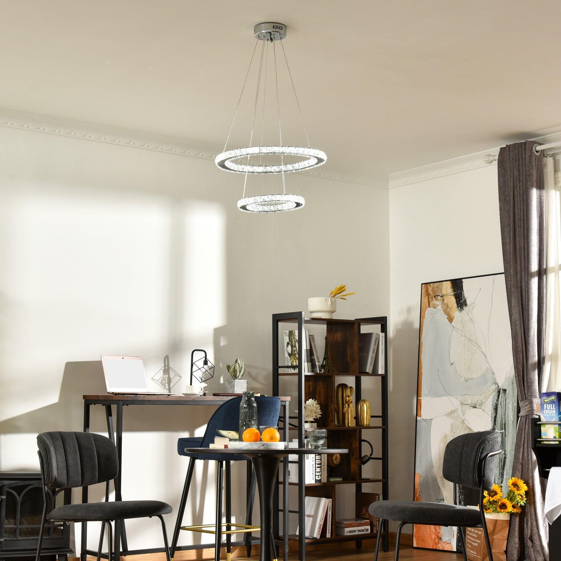 HOMCOM Modern LED Chandelier with Crystal Rings, Dimmable Ceiling Light - ALL4U RETAILER LTD