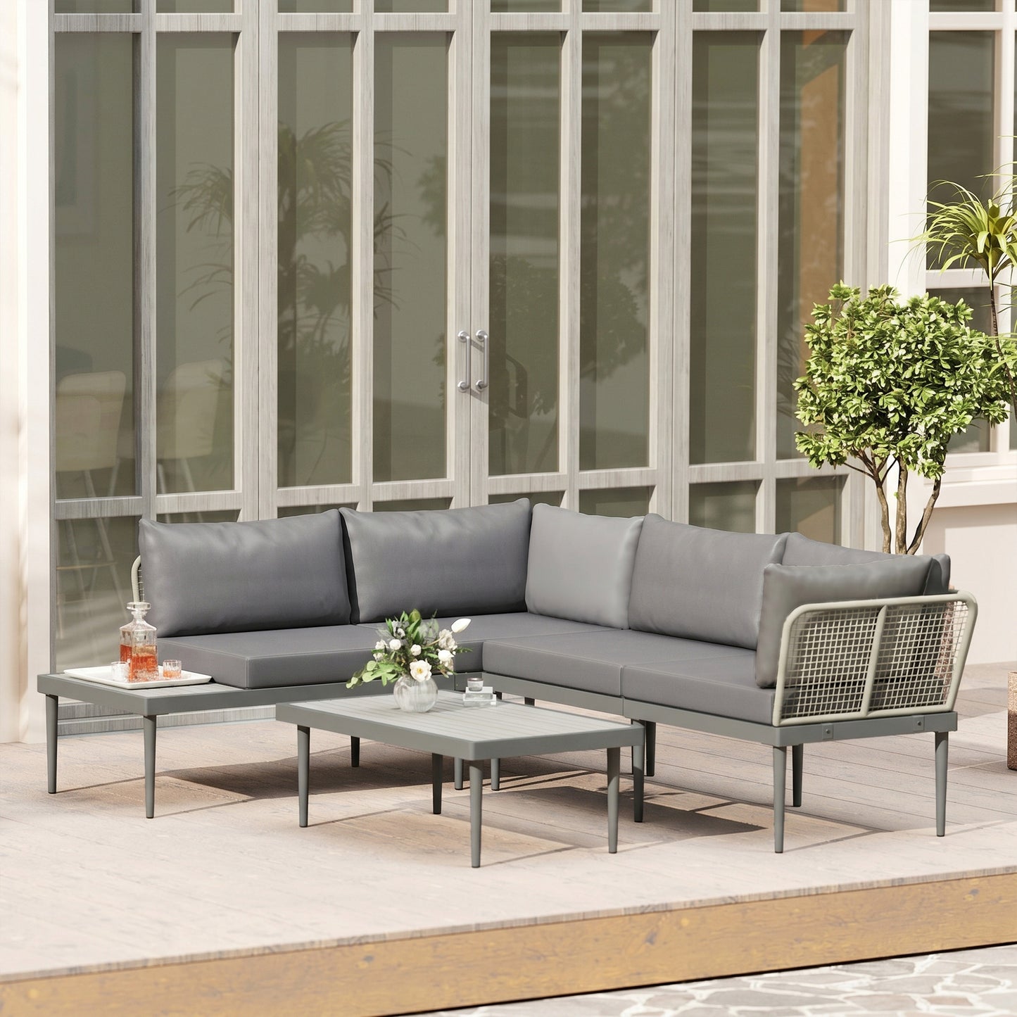Outsunny Three Piece L Shaped Rattan Sofa Set Grey For Outdoor Patio With Two Loveseats And Long Coffee Table