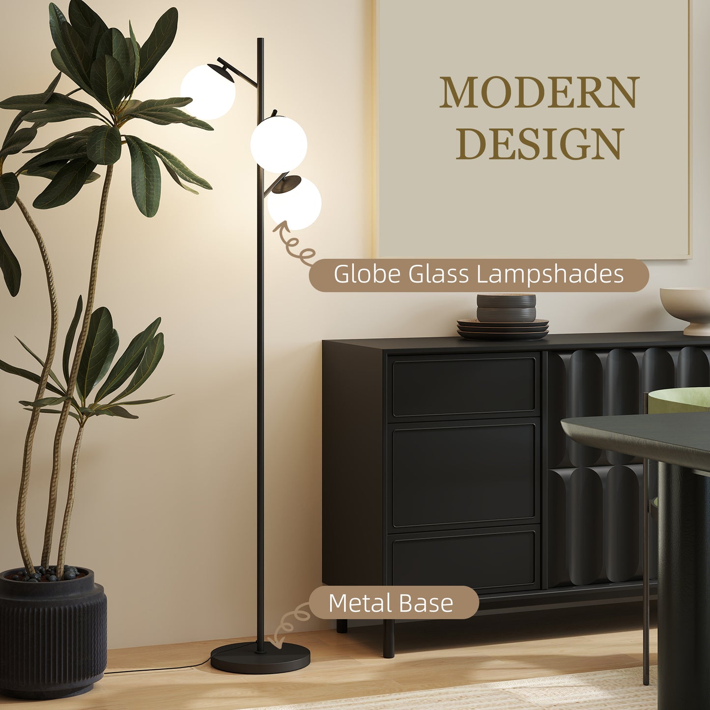 HOMCOM 3 Light Tree Floor Lamp Living Room Modern Standing Lamp Globe Lampshades Black Steel Base Bulb Not Included