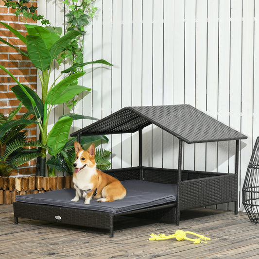 PawHut Expandable Outdoor Dog Bed with Rattan House and Water-Resistant Roof, Includes Removable Cushion for Small to Medium Breeds - Grey - ALL4U RETAILER LTD