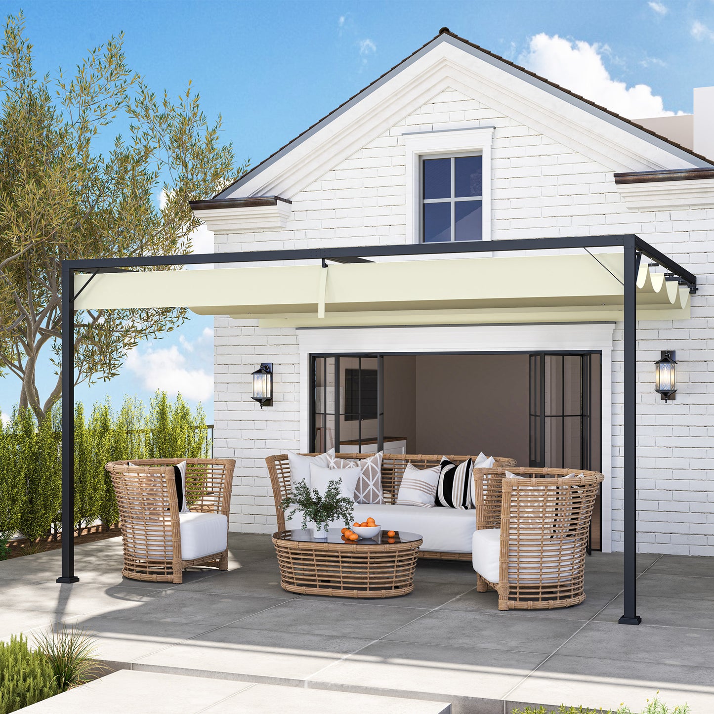 Outsunny 4x3 M Pergola With Sliding Canopy Cream Outdoor Gazebo For Shade And Dining