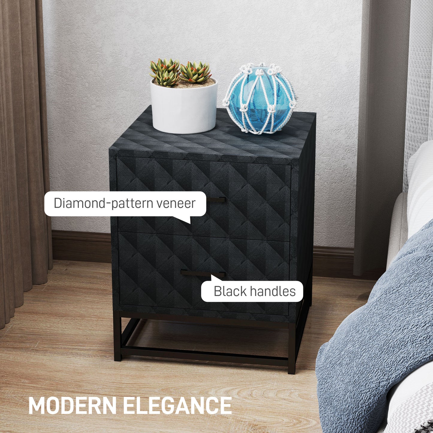 HOMCOM Bedside Tables Set of 2 Modern Nightstands With 2 Drawers Diamond Pattern Veneer Black Steel Legs