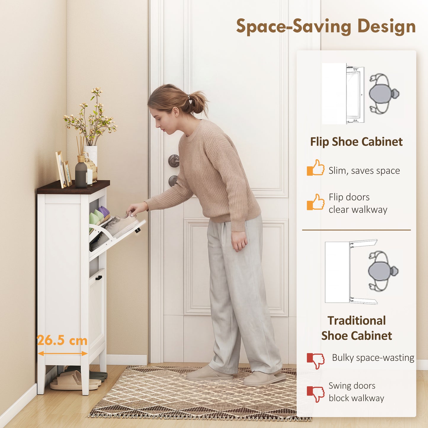 HOMCOM Narrow Shoe Cabinet With 2 Flip Drawers And Adjustable Shelves White Farmhouse Style