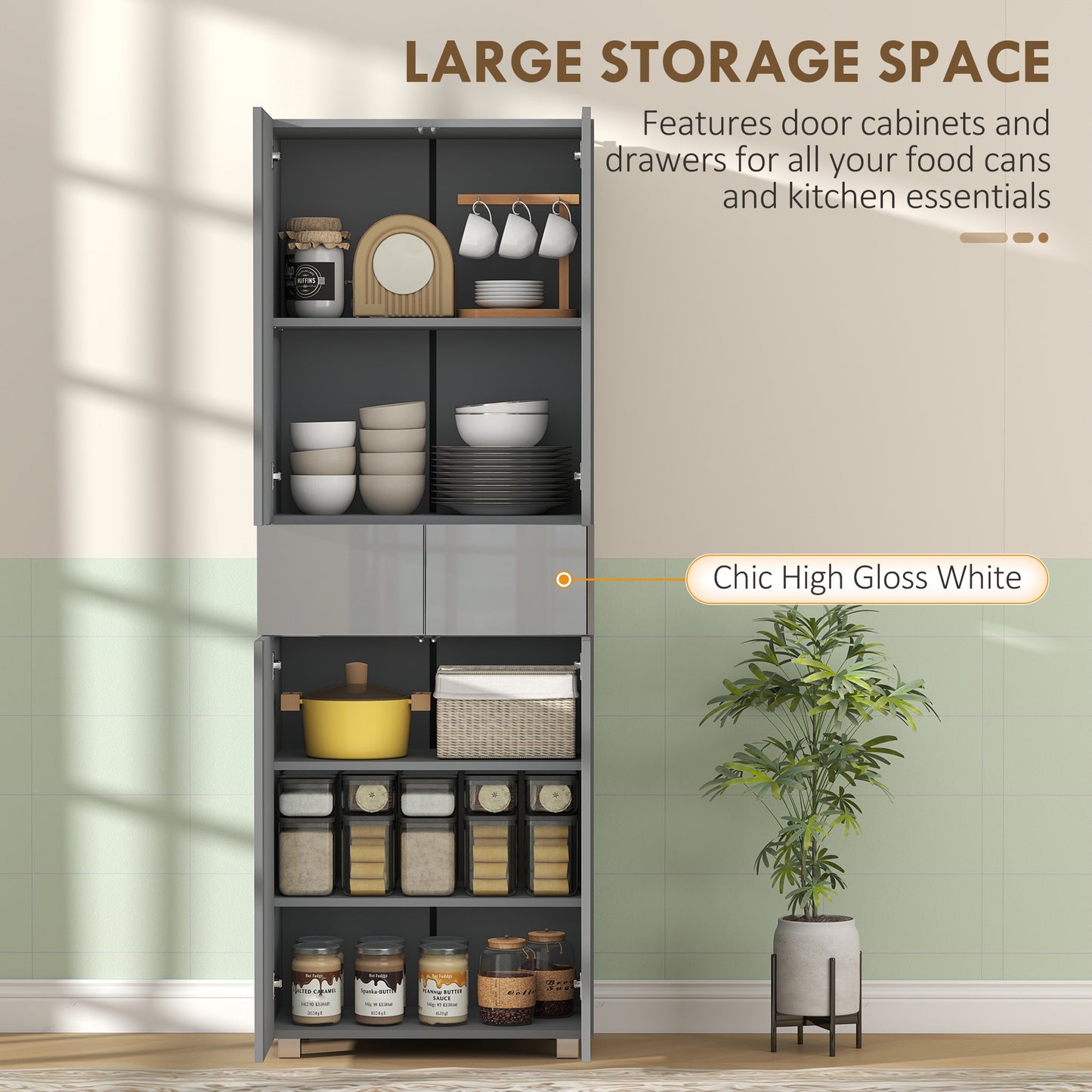 HOMCOM Storage Cabinet Kitchen Cupboard With 3 Adjustable Shelves High Gloss Grey 60L x 35W x 170H cm