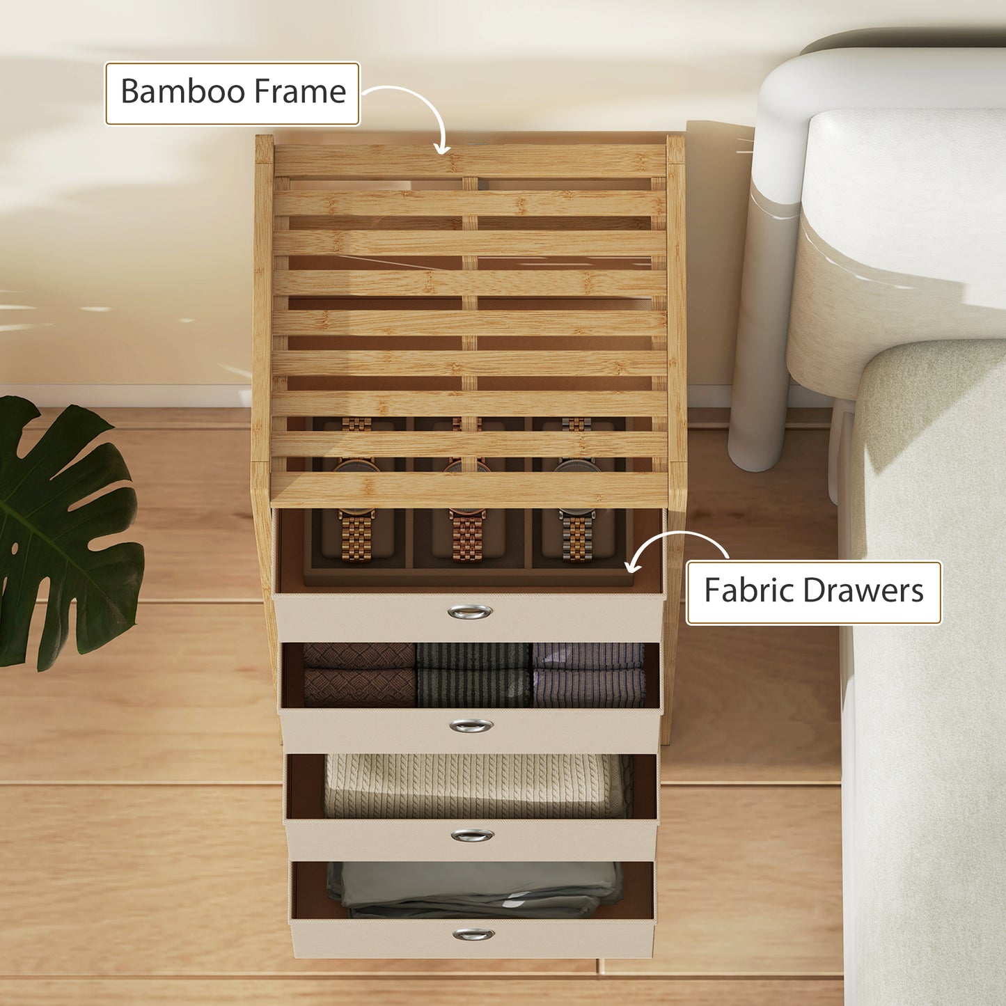 HOMCOM Chest Of Drawers With Bamboo Frame And Four Fabric Drawers Narrow Dresser Cream White
