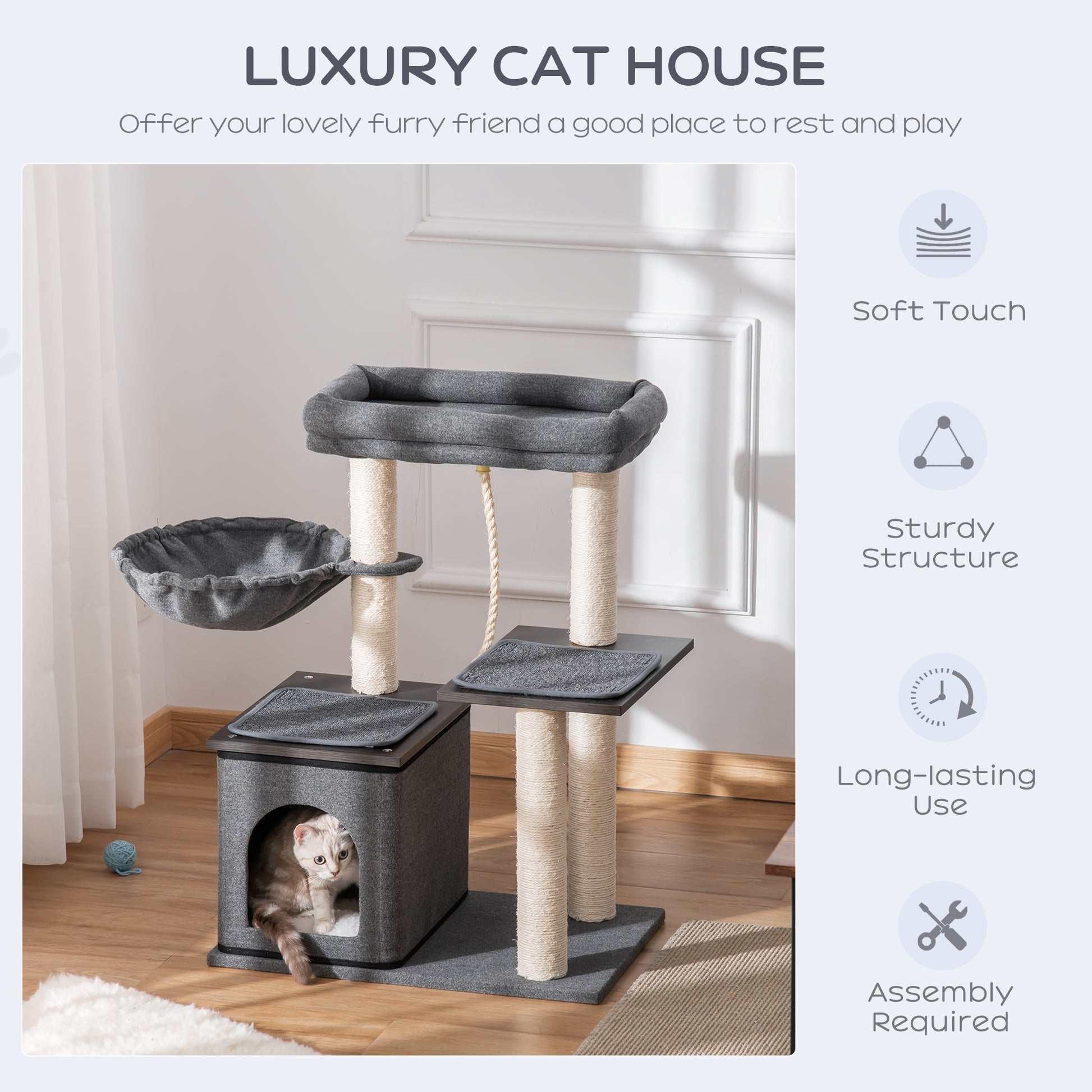 PawHut Indoor Cat Tower Activity Center with Scratching Post, Condo, and Perches - Dark Grey 60 x 40 x 83cm - ALL4U RETAILER LTD