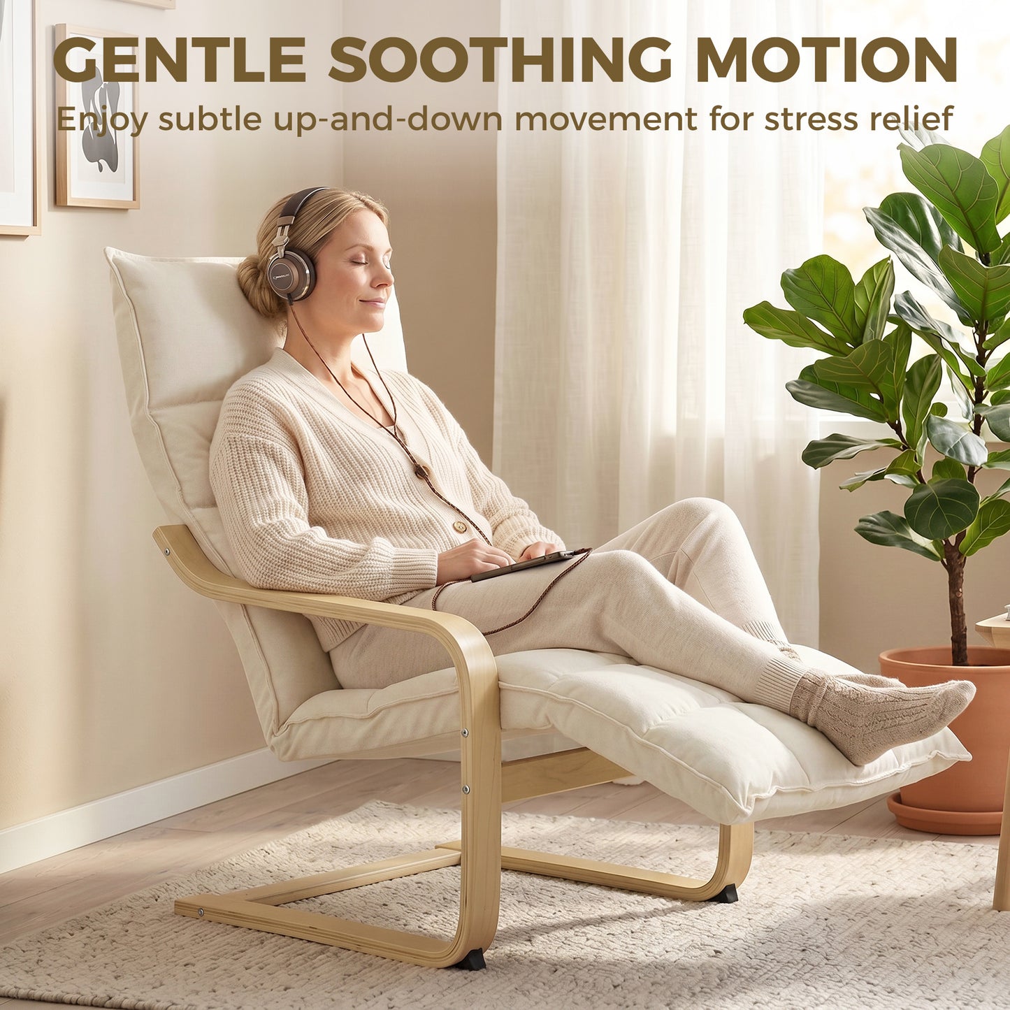HOMCOM Modern Accent Chair With Built In Footrest Plush Cushion Linen Look Fabric Curved Legs And Arms Cream White