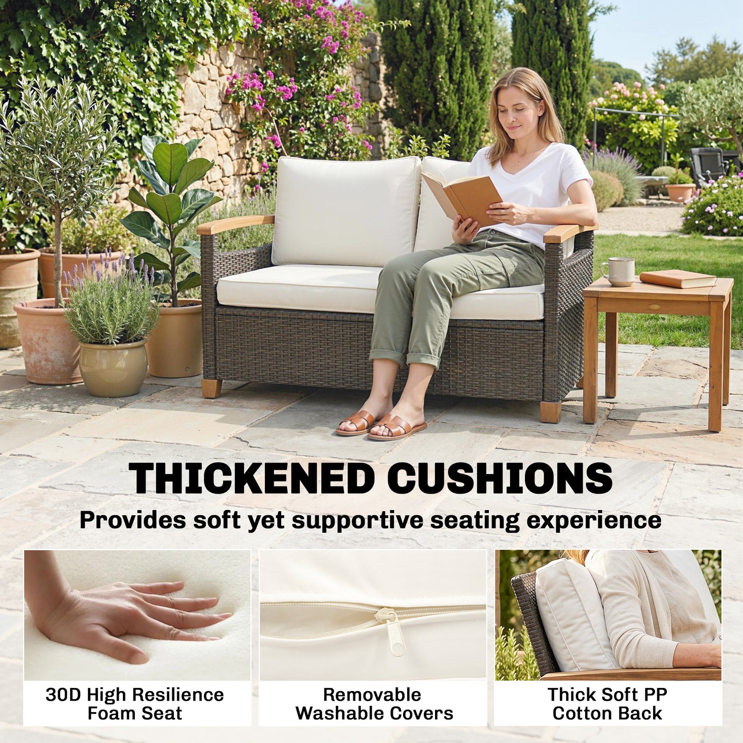 Outsunny 2 Seater Rattan Garden Sofa With Thick Cushions And Acacia Wood Armrests Brown