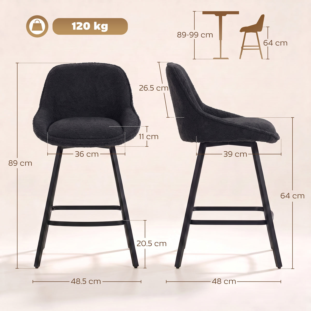 Black counter-height bar stool side view with curved seat and backrest on four legs