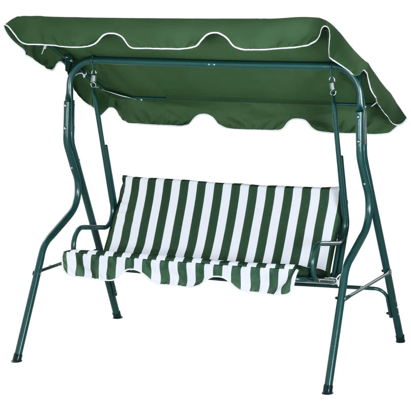 Outsunny 3 Seater Garden Swing Seat Chair Outdoor Bench with Adjustable Canopy and Metal Frame - Green Stripes | Patio Swing for Relaxation and Comfort - ALL4U RETAILER LTD