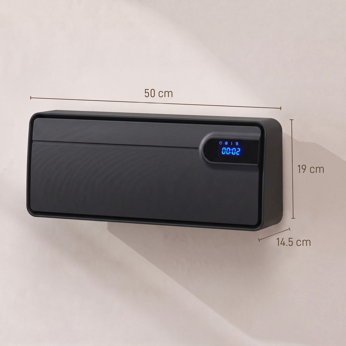 Black wall-mounted heater with dimensions shown: 50 cm wide and 19 cm tall