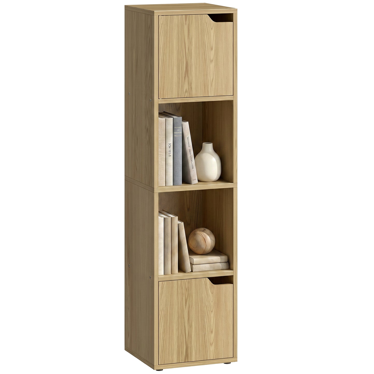HOMCOM Narrow 4 Tier Bookcase With Doors Oak Finish For Living Room And Bedroom Storage Cabinet