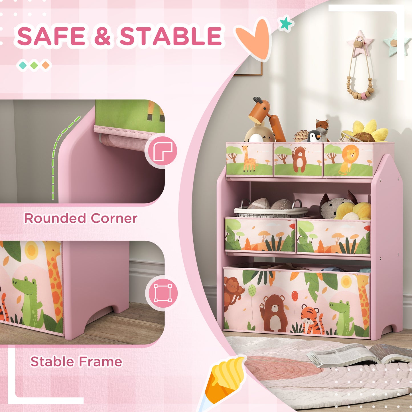 AIYAPLAY 3 Tier Kids Toy Storage Unit With 6 Removable Boxes Pink For Playroom Bedroom Nursery