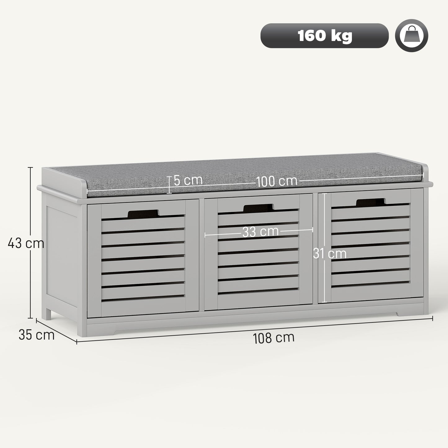 HOMCOM Three Compartment Shoe Storage Bench With Cushioned Top In Grey For Entryway Hallway