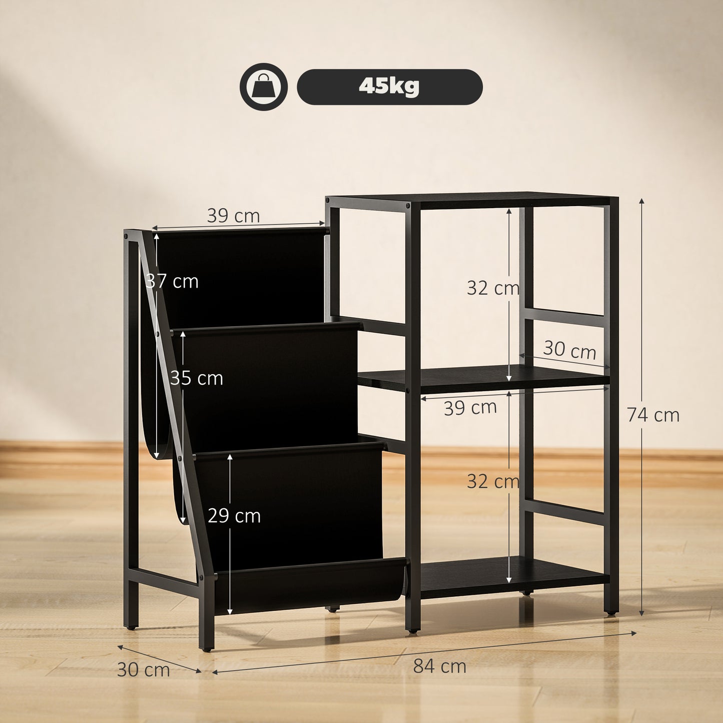 HOMCOM 3 Tier Record Player Stand End Table for Living Room and Bedroom Black Wood Effect