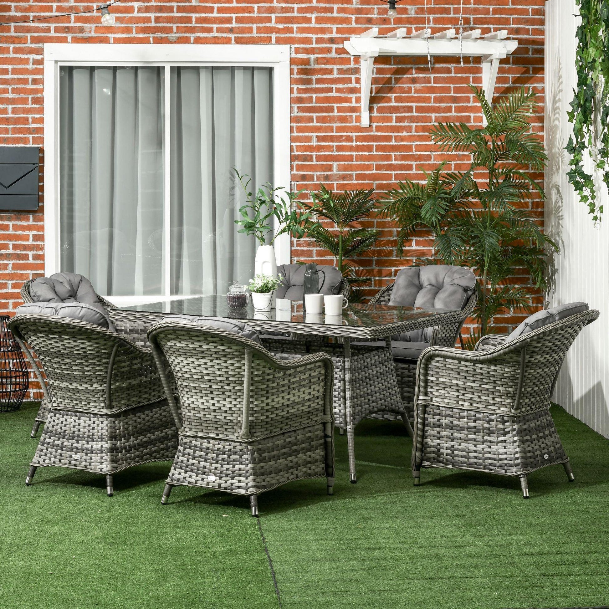 Outsunny 7-Piece Grey Rattan Patio Dining Set with Umbrella Hole - ALL4U RETAILER LTD