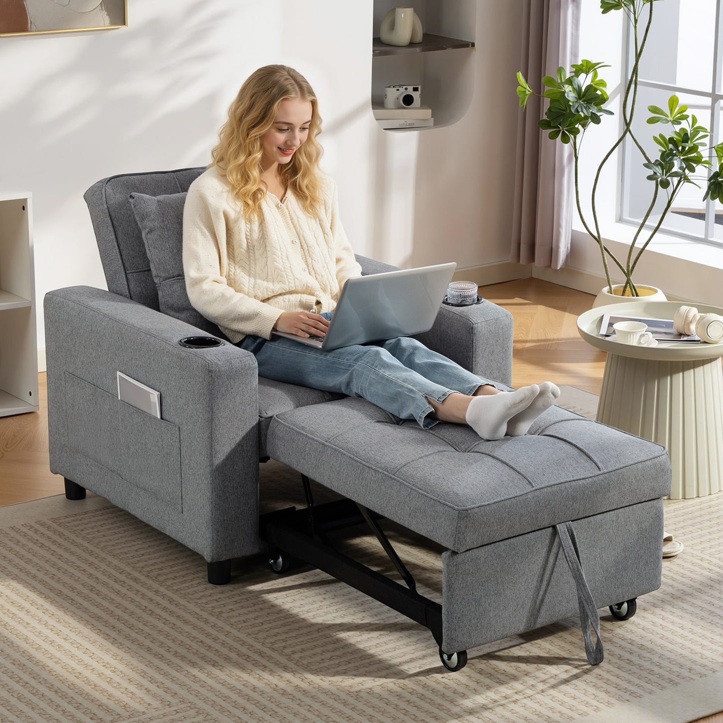 HOMCOM 3-In-1 Sofa Bed Armchair to Lounger to Bed Dark Grey 95 X 190 Cm Bed Size