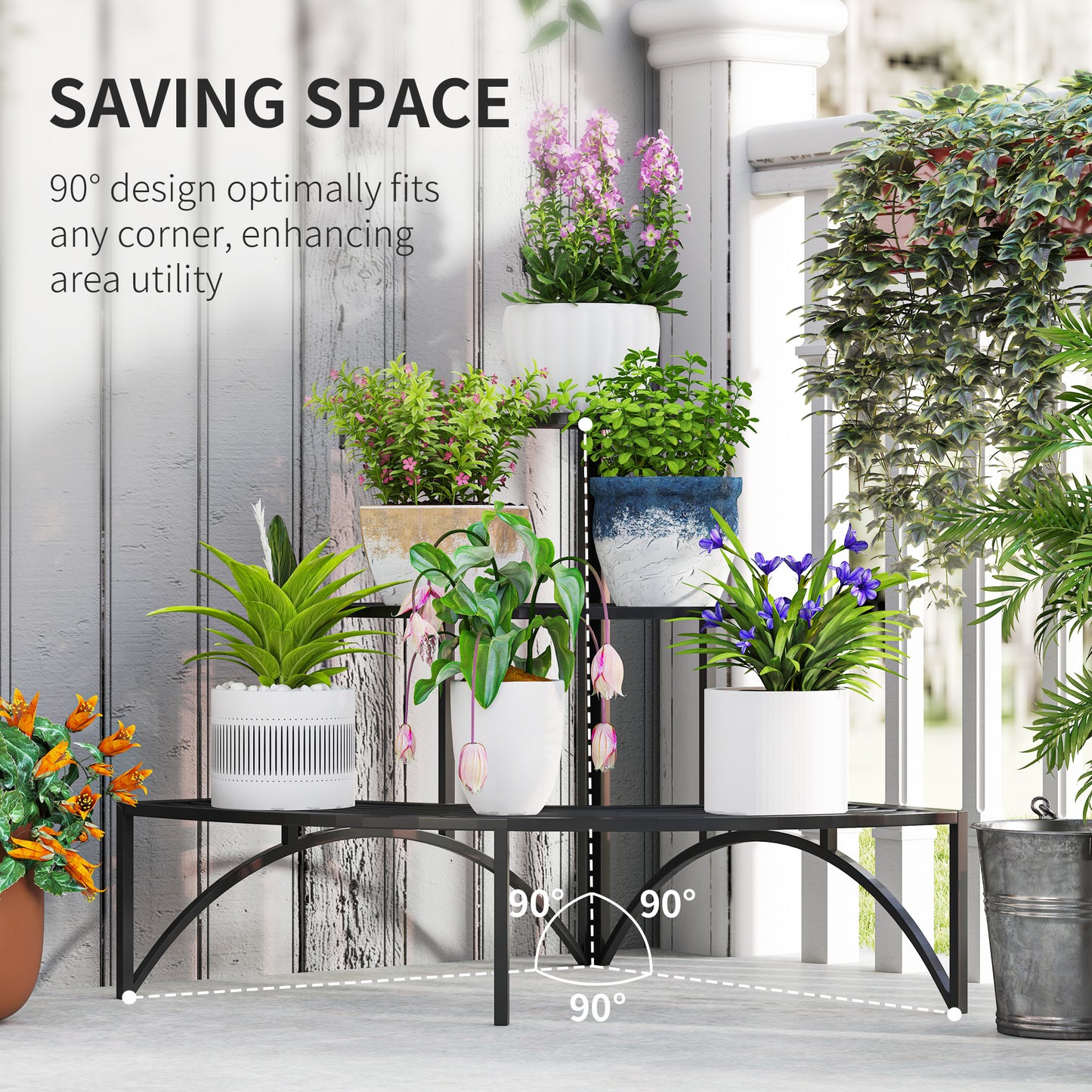 Outsunny Black Three Tier Corner Metal Plant Shelf Stand Rust Resistant Powder Coated Finish