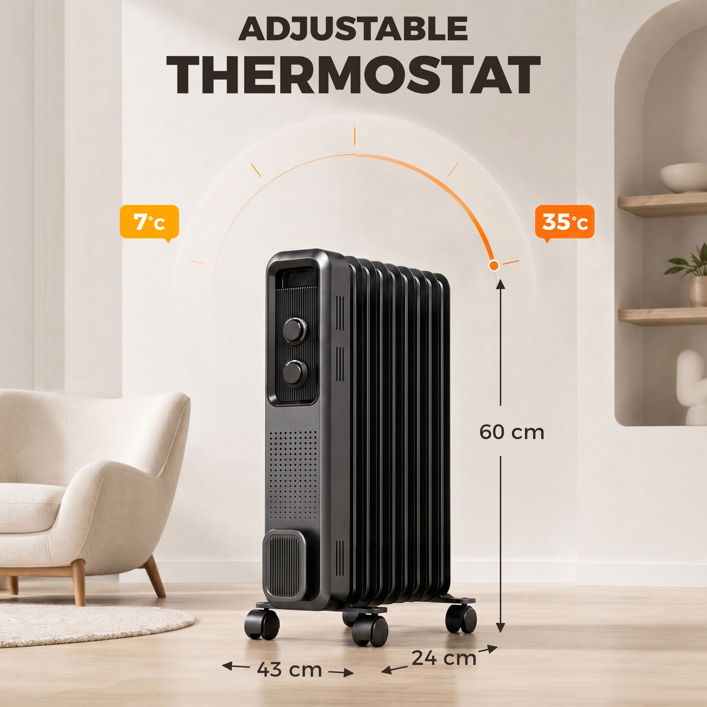 HOMCOM 2000W Oil Filled Radiator 9 Fin Portable Electric Heater With 3 Heat Settings Safety Cut Off And Wheels Grey