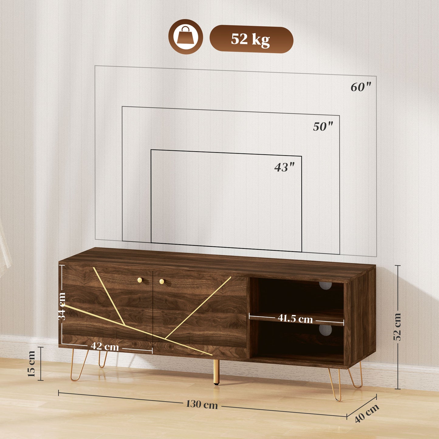HOMCOM TV Stand Cabinet For Up To 60 Inch TV Modern 130cm Unit With Adjustable Shelves And Hairpin Legs Brown