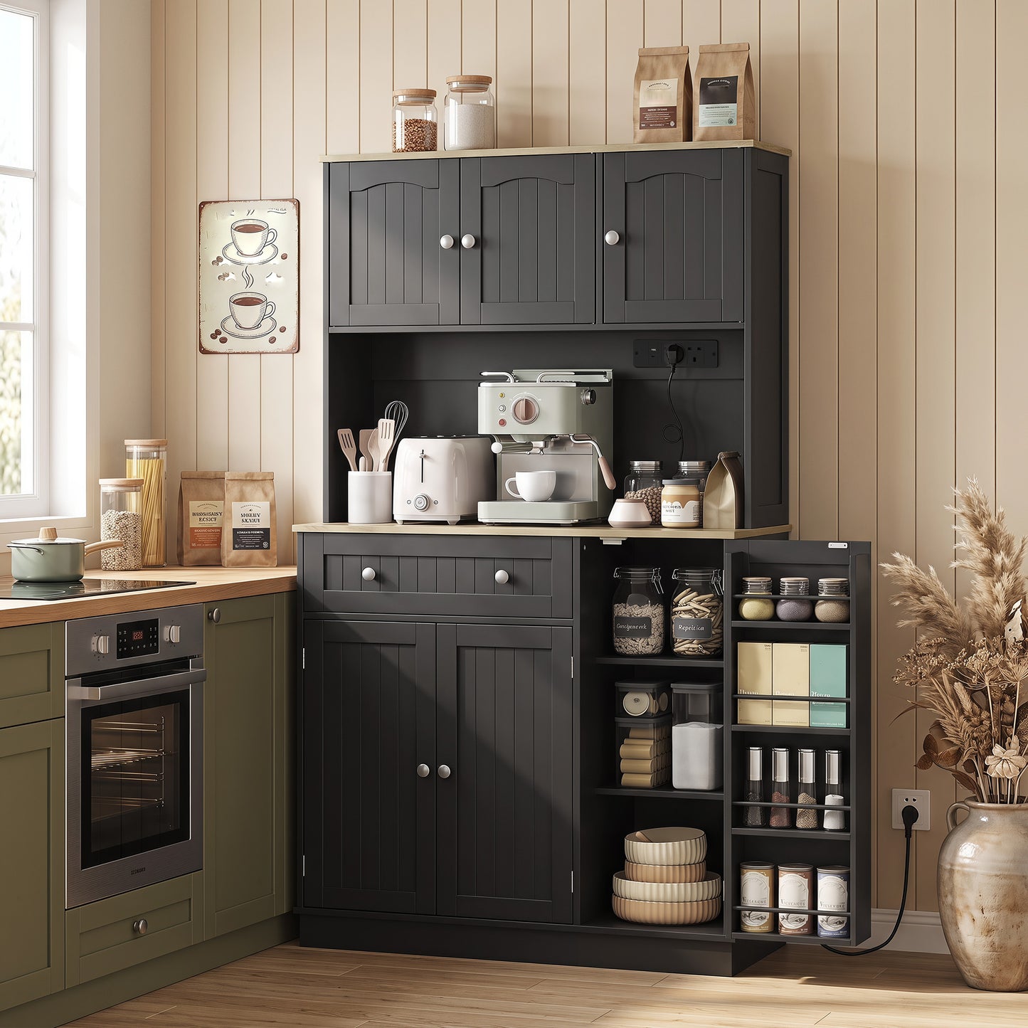 HOMCOM 173 CM Tall Kitchen Cupboard With Charging Station And Adjustable Shelves Four Door Pantry Racks