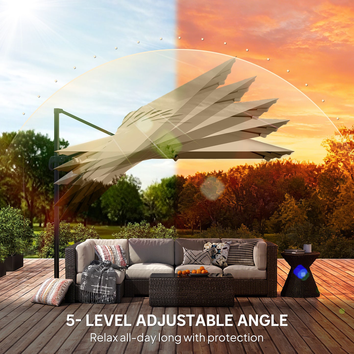 Outsunny 3x3m Cantilever Parasol Square Patio Umbrella With Crank Handle Cross Base Tilt 360 Degree Rotation Khaki
