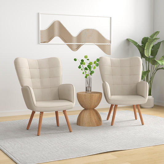 HOMCOM Modern Velvet Touch Wingback Armchairs Set of 2 Cream White Tufted Upholstered Club Chairs With Wood Legs