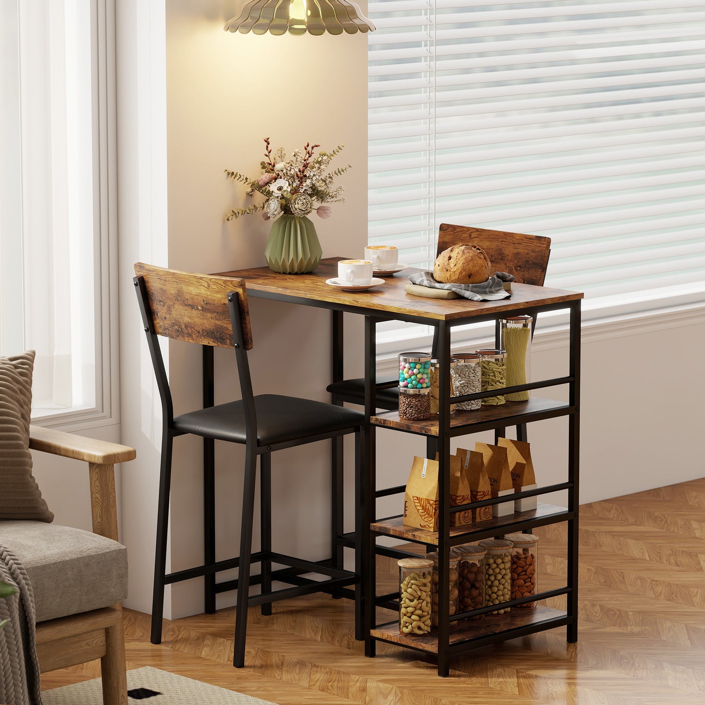 HOMCOM Three Piece Compact Bar Table Set With Two Bar Stools Brown and Black Finish Space Saving Kitchen Bar Furniture