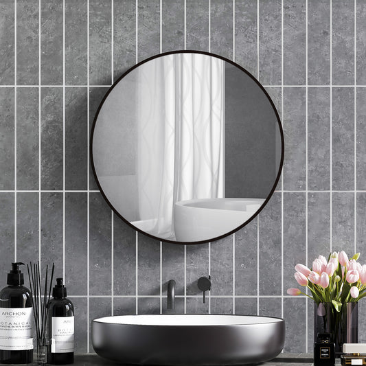 HOMCOM Modern Round Aluminium Framed Bathroom Mirror - 70 x 70cm, Easy Install for Home Decor - ALL4U RETAILER LTD