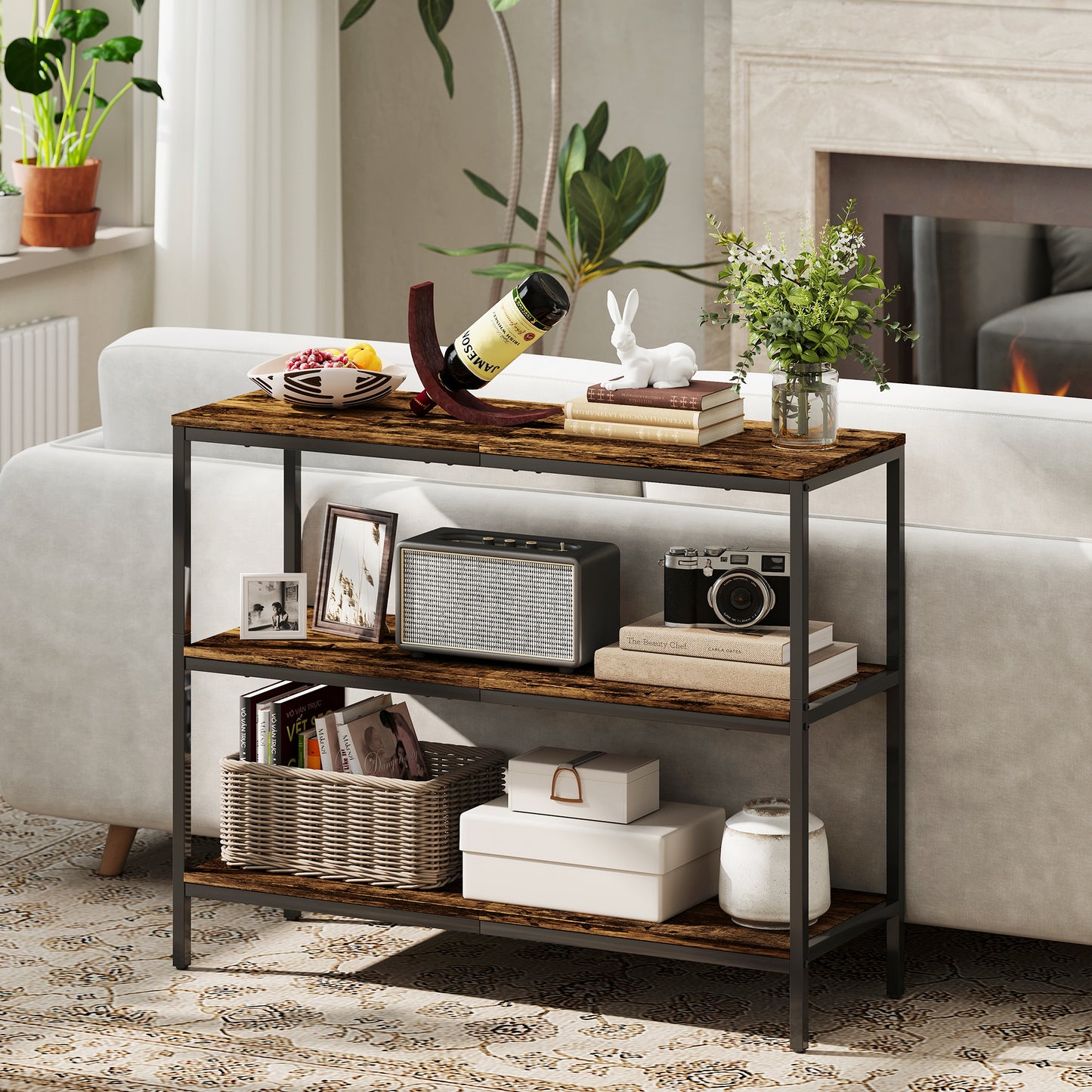 HOMCOM Rustic Brown 3 Tier Console Table With Storage Shelves For Entryway Industrial Black Frame