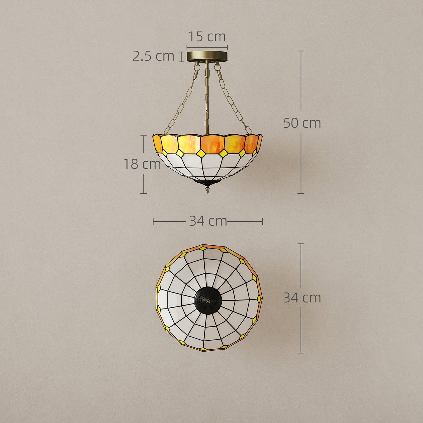 HOMCOM Tiffany Style Ceiling Light Vintage Chandelier With 3 E27 Sockets Semi Flush Mount For Living Room