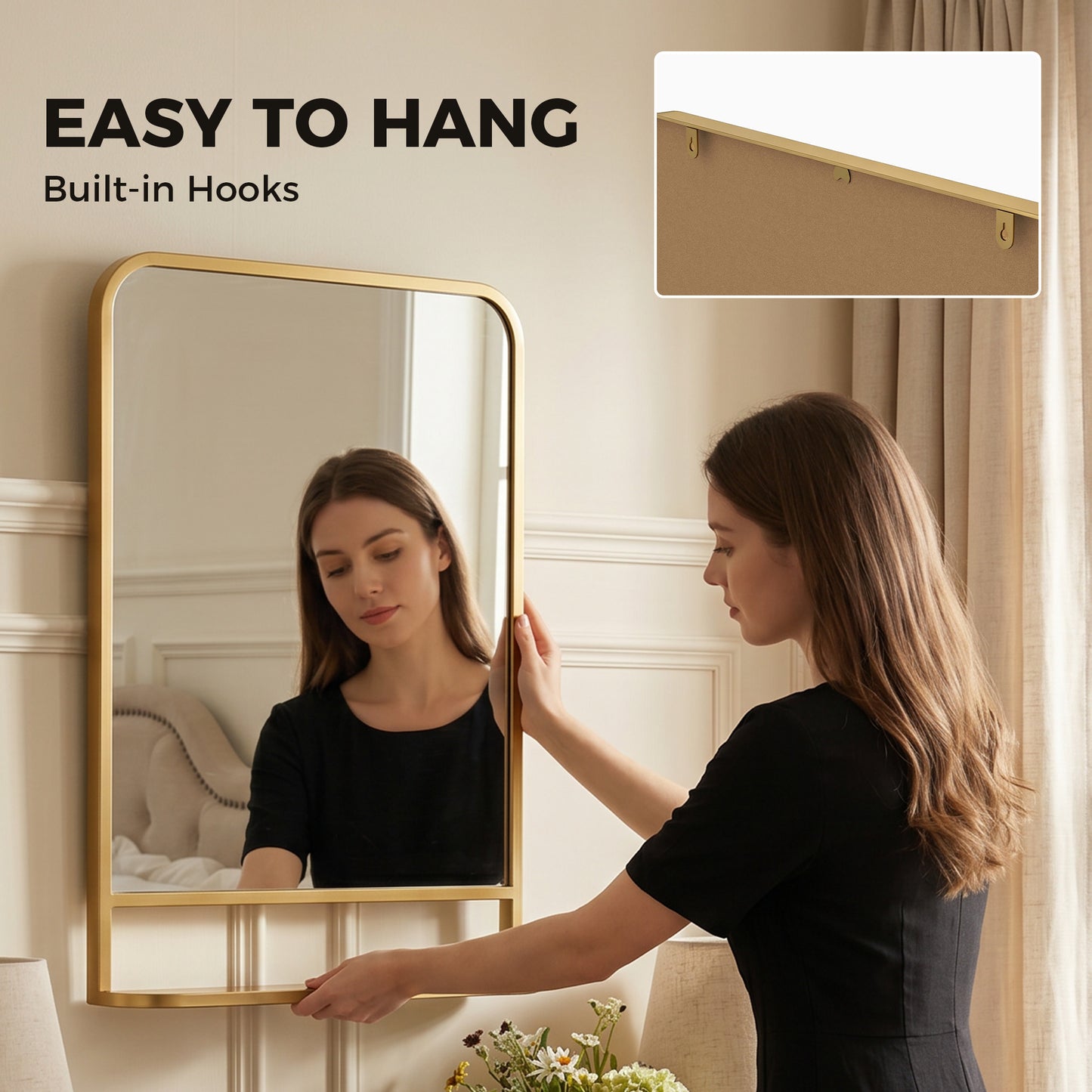 HOMCOM Modern Rectangular Wall Mirror With Storage Shelf Gold Tone Frame 70 X 50 Cm