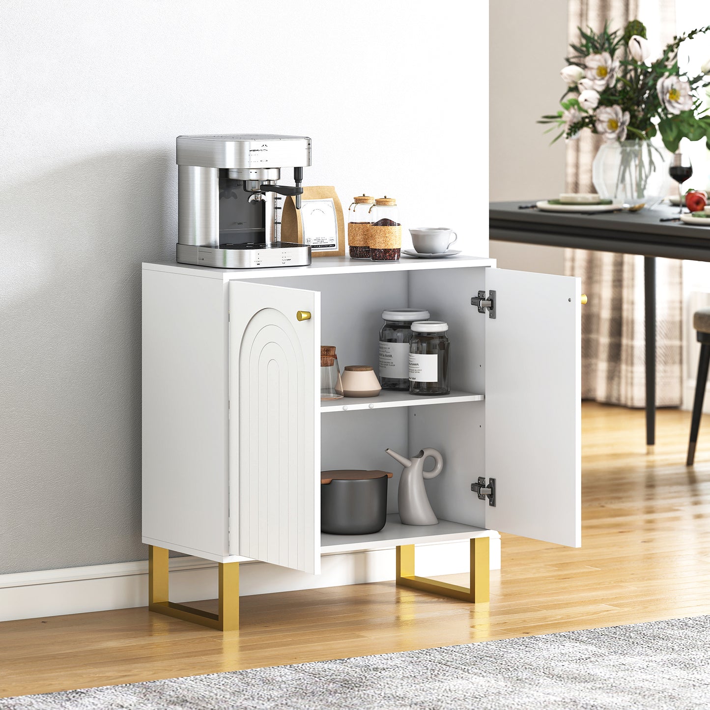 HOMCOM 2 Door Sideboard Storage Cabinet White Adjustable Three Level Shelf Arched Doors And Golden Accents Living Room
