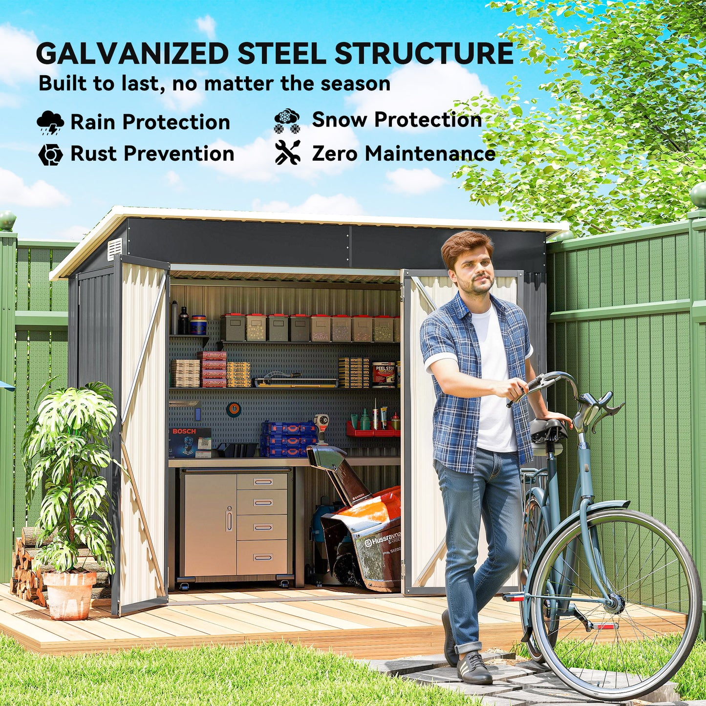 Outsunny 7.5 x 4.3ft Metal Garden Storage Shed Waterproof With Triple Lockable Doors Vents Gloves Included Dark Grey