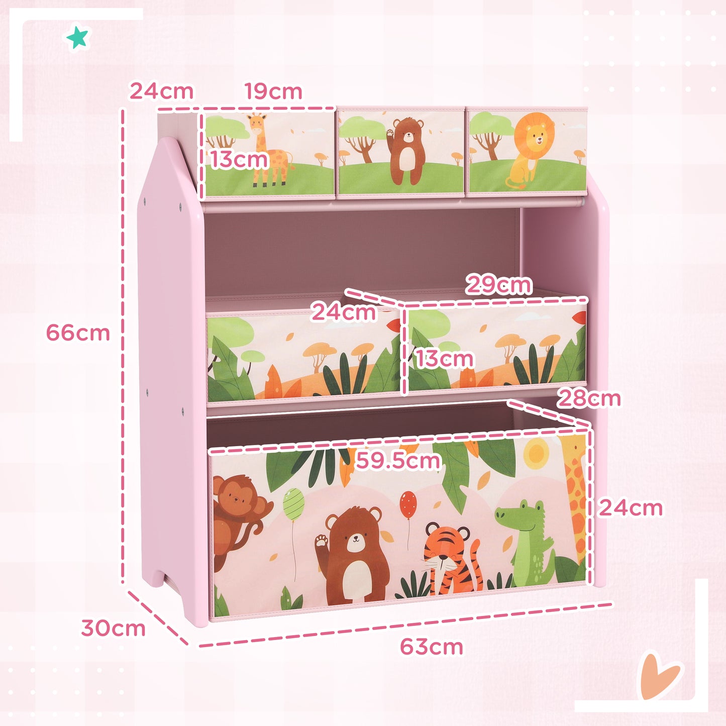 AIYAPLAY 3 Tier Kids Toy Storage Unit With 6 Removable Boxes Pink For Playroom Bedroom Nursery