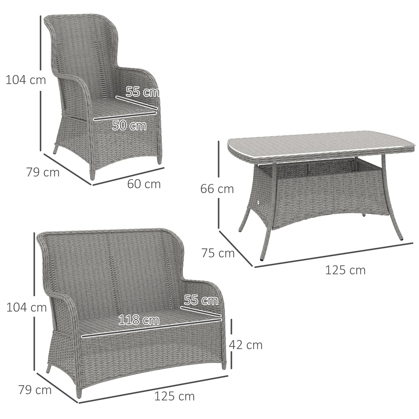 Outsunny 4 Seater PE Rattan Garden Sofa Set With High Back Cushioned Chairs And Tempered Glass Coffee Table Light Grey