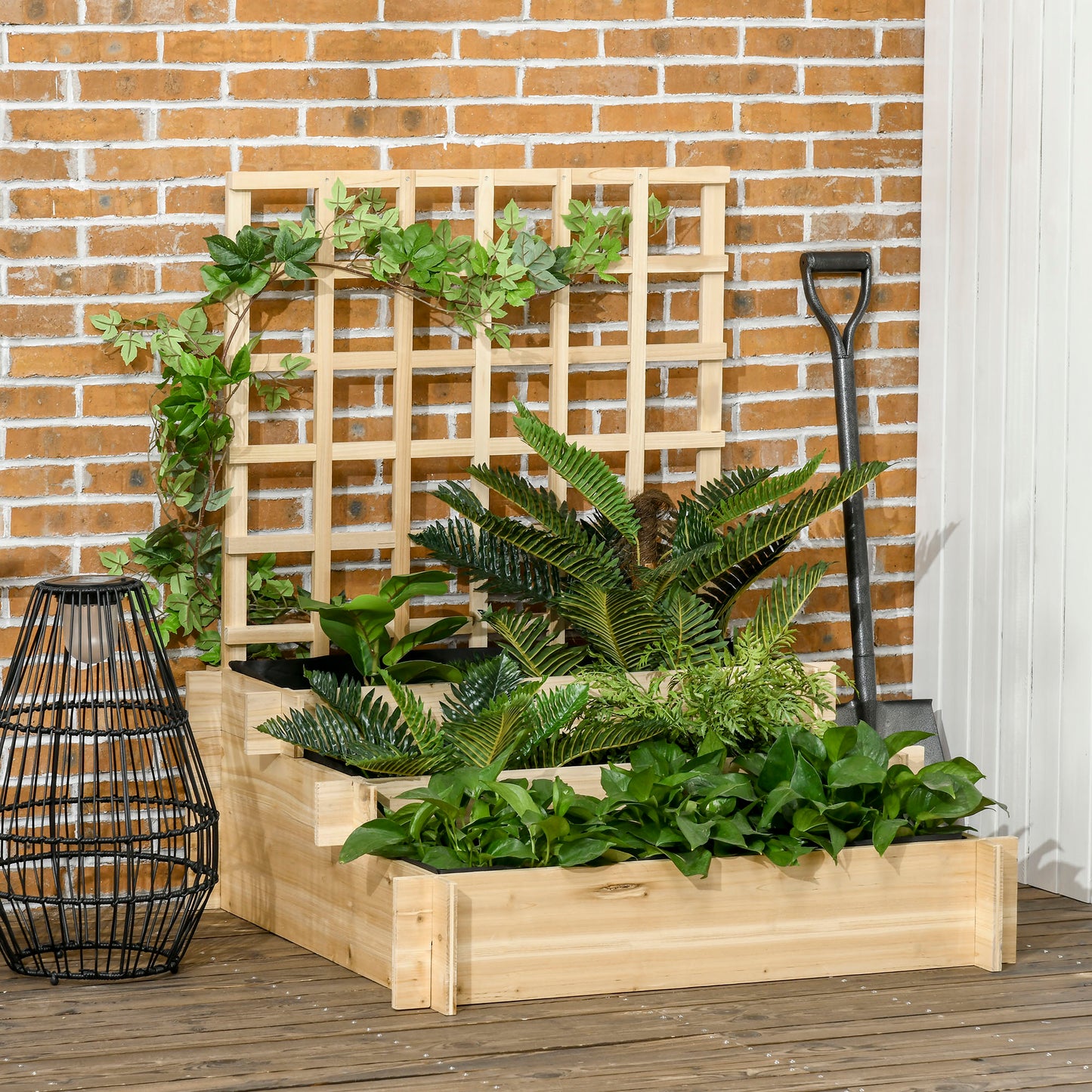 Outsunny 3 Tier Garden Planters With Trellis For Vine Climbing Wooden Raised Beds 95x95x110cm Natural Tone