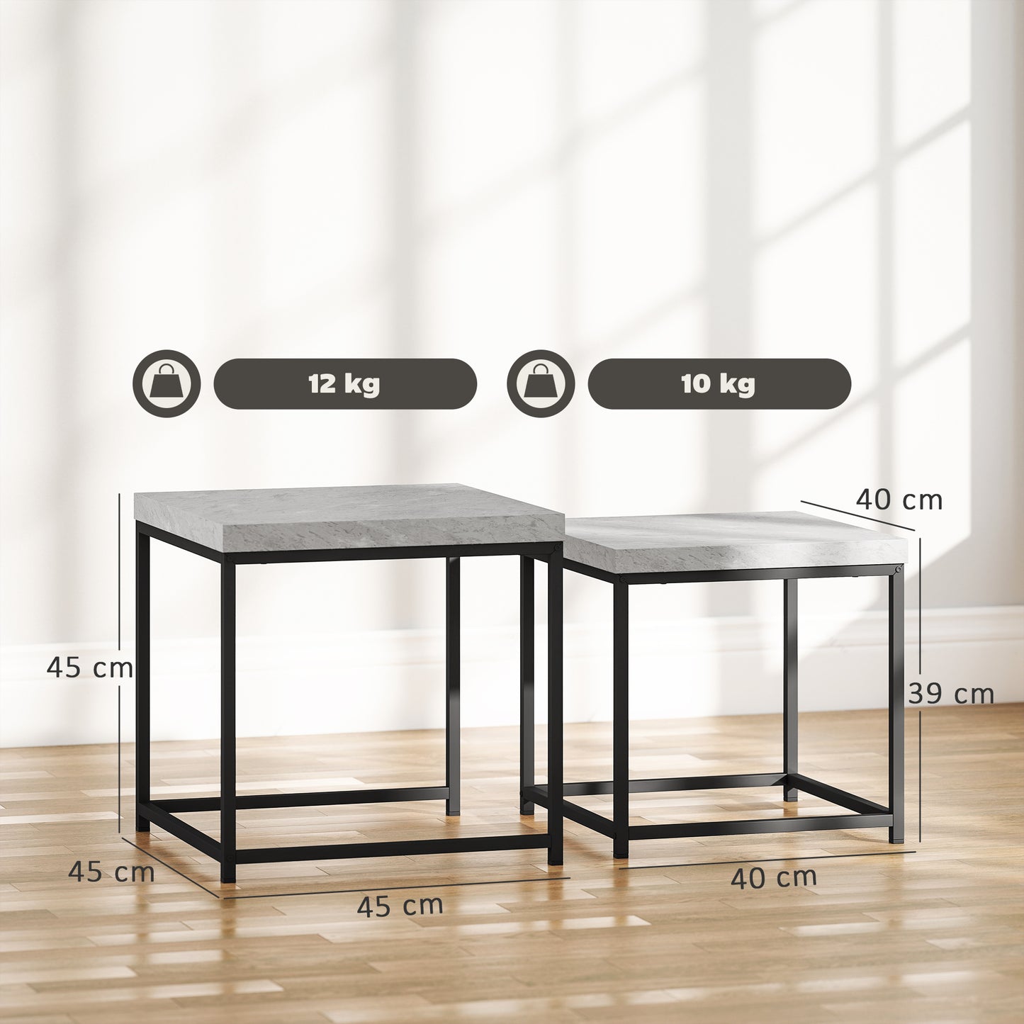 HOMCOM Nesting Coffee Table Set Of 2 With 3.5 Centimeter Thick Tabletops Grey Living Room Or Bedroom