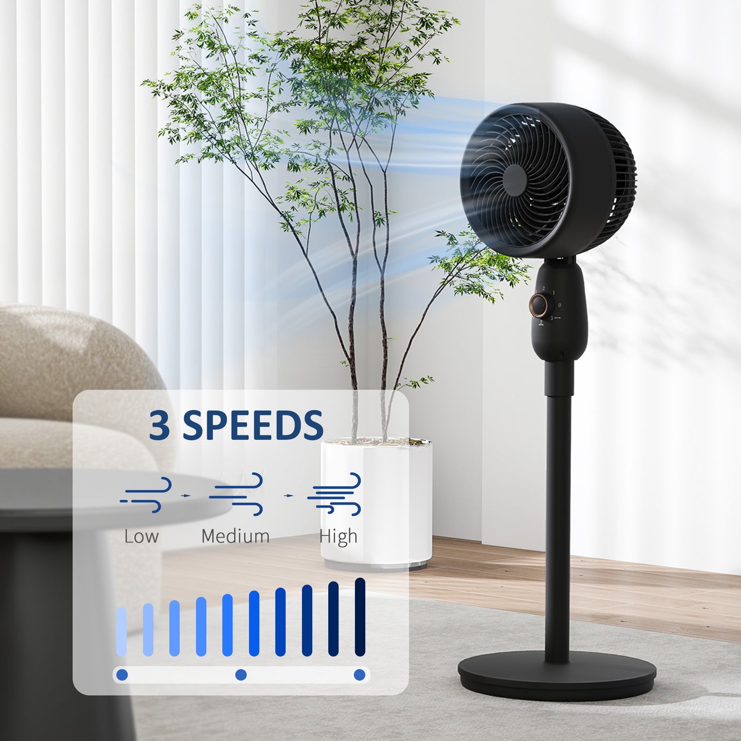 HOMCOM 12 Inch Pedestal Fan With Oscillation, 3 Speed Settings, Air Circulator For Bedroom Home Office Black