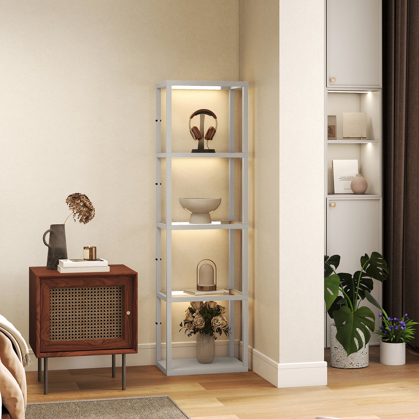 HOMCOM Four Shelf Floor Lamp With Tempered Glass Shelves Warm White LEDs Three Brightness Levels Grey
